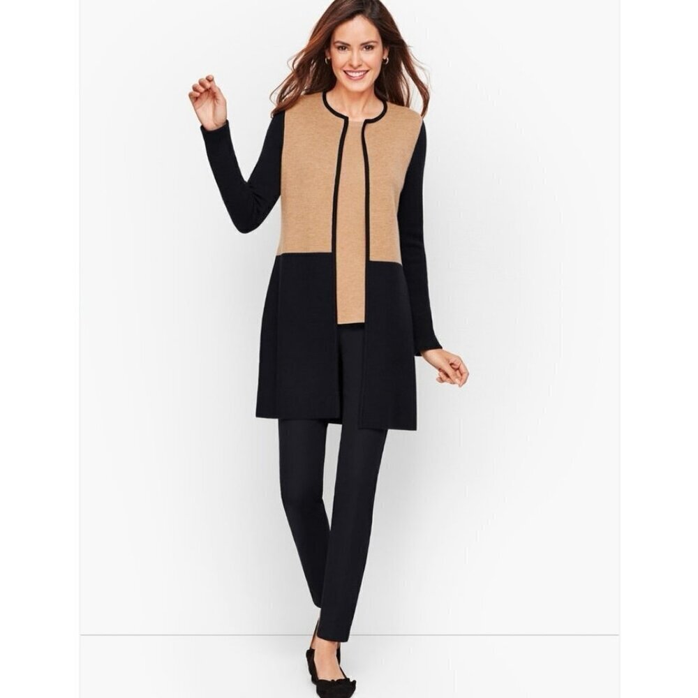 Talbots Merino Blend Colorblock Sweater Jacket Size XS Black Camel Open Front